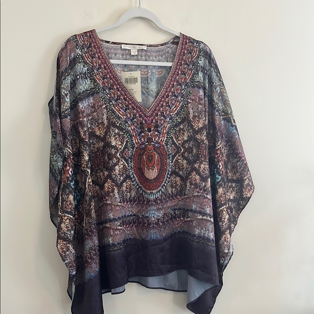 Boston Proper Pendant Print Poncho Purple Multi Boho‎ Artsy Rhinestone Funky S/M